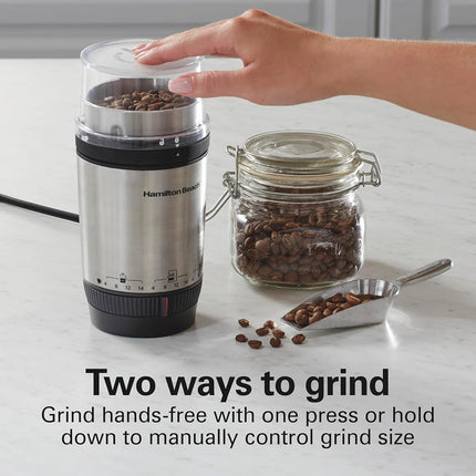 Hamilton Beach Custom Grind Electric Coffee Grinder for 4-14 Cups, One-Press Hand-Free Operation with Auto Shutoff, Removable Grinding Bowl for Easy Pour and Clean, Stainless Steel (80406)