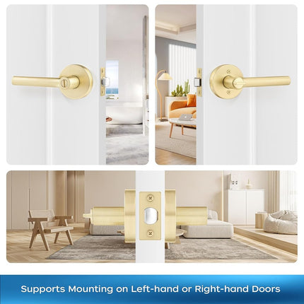 Leydebong 3 Pack Round Door Lever Privacy Door Lock Handle Keyless Lockset Door Knobs Bedroom Bathroom No Key in Gold