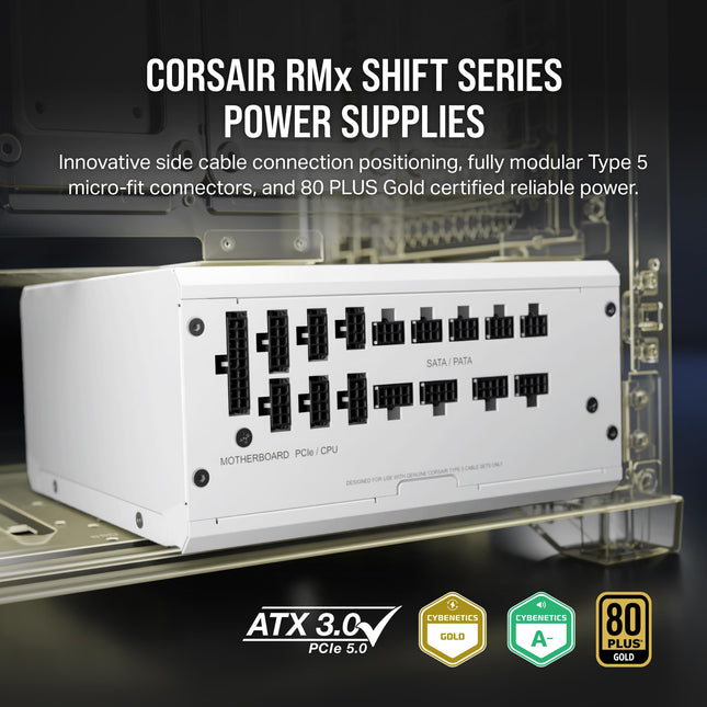 Fuente de alimentación CORSAIR RM1200x Shift ATX totalmente modular - 80 Plus Gold - ATX 3.0 - PCIe 5.0 - Cero RPM - Interfaz lateral modular - Blanca