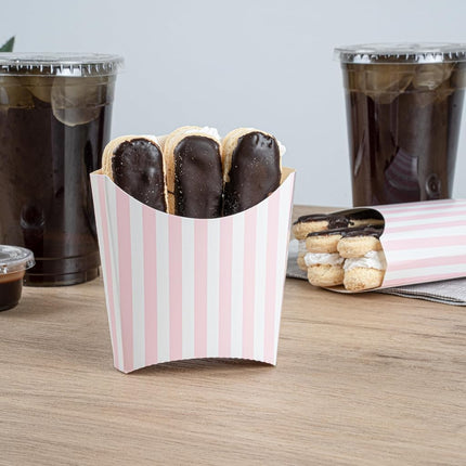 Bio Tek 4.5 x 3.2 x 3.9 Inch French Fry Cup, 100 Disposable Snack Cups - Stackable, Sustainable, Pink and White Paper 3 Ounce Fry Holder, for Fries, Onion Rings, Popcorn, or Cookies - Restaurantware