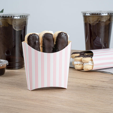 Bio Tek 4.5 x 3.2 x 3.9 Inch French Fry Cup, 100 Disposable Snack Cups - Stackable, Sustainable, Pink and White Paper 3 Ounce Fry Holder, for Fries, Onion Rings, Popcorn, or Cookies - Restaurantware