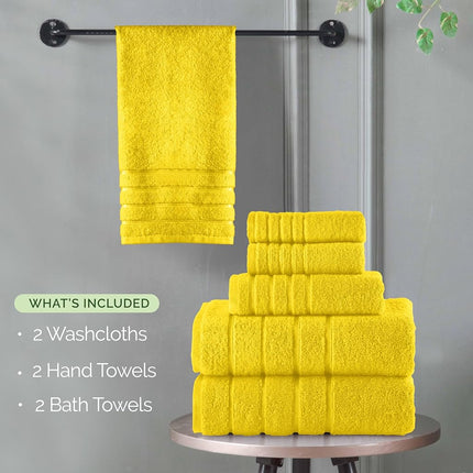 Elegant Comfort 4 Lines Viscose Stripe 6-Piece Premium Towel Set - 100% Turkish Cotton High Absorbent Luxury Bathroom Towels – Includes 2 Washcloths, 2 Hand Towels and 2 Bath Towels Set, Yellow
