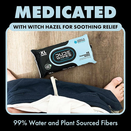 DUDE Wipes Medicated Flushable Wipes, Fragrance Free Wet Wipes with Witch Hazel, Vitamin E & Aloe, 48 Count (Pack of 3)