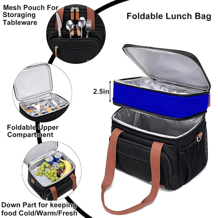 Weitars Lunch Bag for Women Men-Dual Compartment Large Lunch Box for Men Adult Lunch Box for Nurse Office Working Picnic Hiking (15L, Black/Kahki)