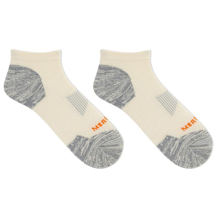 Merrell Chaussettes de randonnée basses en laine rembourrées pour homme et femme – 1 paire – Soutien respirant de la voûte plantaire, blanc murmure, petit-moyen