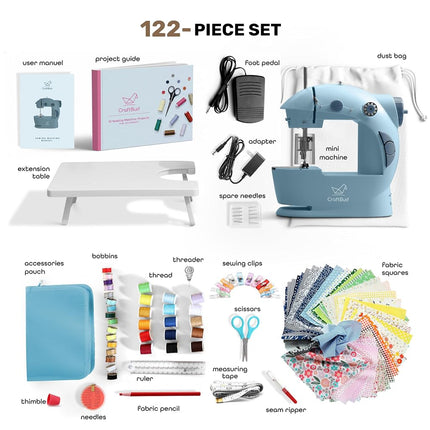 CraftBud Mini Sewing Machine for Beginners, Small Portable Double Speed Sewing Machine for Kids and Adults with Extension Table, 122 Pieces Gift Set Including Fabrics, One