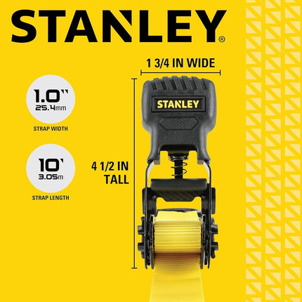 Stanley S1000 Black/Yellow 1" x 10' Ratchet Tie Down Straps - Light Cargo Hauling (1,500 lbs Break Strength), 8 Pack