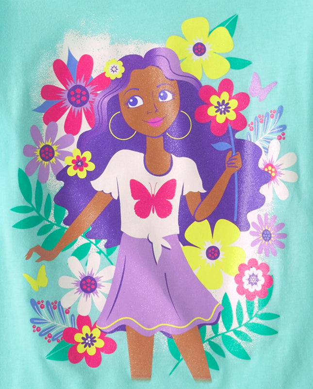 The Children's Place camisetas de manga corta con estampado para niña, paquete de 2, diseño de gato/flor - Paquete de 2, Grande