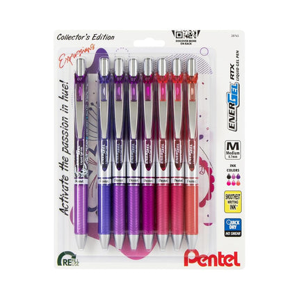 Stylo gel liquide rétractable Pentel EnerGel RTX, pack Passion Expressions, 0,7 mm, pointe métal, trait moyen, encre assortie, lot de 8 stylos (BL77XPASBP8M)