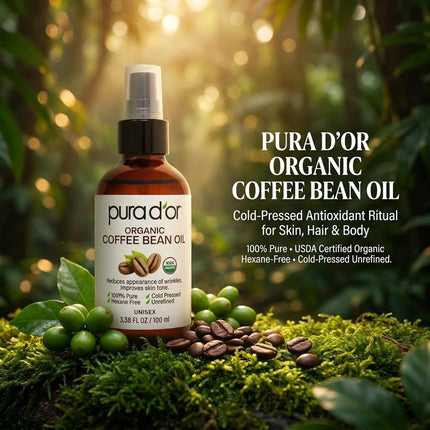 PURA D'OR 3.38 Oz ORGANIC Coffee Bean Oil - 100% Pure USDA Certified Premium Grade Natural Moisturizer, Cold Pressed, Unrefined, Hexane-Free Base Carrier Oil for DIY Skin Care For Men & Women