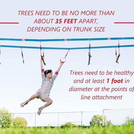 Parcours d'obstacles Double Ninja Slackline pour enfants - Ligne de 24 mètres - Équipement de jeu avec barres de singe - Parcours Ninja Warrior avec barres de singe pour enfants - Parcours d'accrobranche Ninja - Conception à double ligne brevetée
