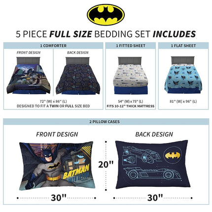 Franco Kids Bedding Super Soft Comforter and Sheet Set, 5 Piece Full Size, Batman