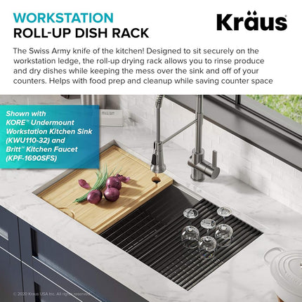 Kraus Multipurpose Workstation Sink Roll-Up Dish Drying Rack, Colander and Trivet in Yellow, KRM-11YL