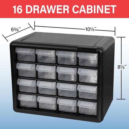 Akro-Mils 10716 16-Drawer Plastic Drawer Storage Cabinet for Garage Organization, Bead Organizer, Lego Storage, Teacher Toolbox, Makeup Organizer, 10-1/2-Inch W x 6-1/2-Inch D x 8-1/2-Inch H, Black
