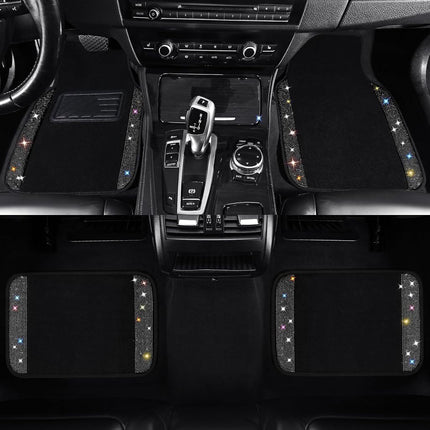 VarCozy Shining Rhinestones Floor Mats for Cars, Sparkly Glitter Crystal Car Floor Mats with Anti-Slip Heel Pad for Women, 4pcs Bling Diamond Universal Automotive Floor Mats for SUV,Sedan,Car, Black