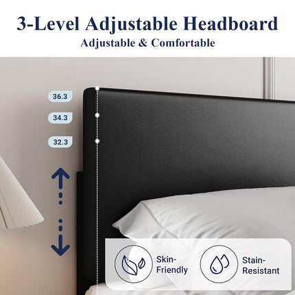 Allewie King Size Bed Frame with Adjustable Headboard, Faux Leather Platform Bed with Wood Slats, Heavy Duty Mattress Foundation, No Box Spring Needed, Noise-Free, Easy Assembly, Black