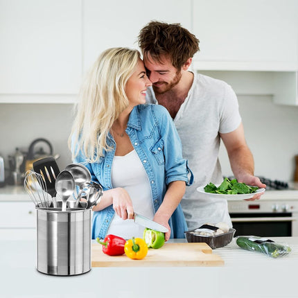 Oggi Jumbo Stainless Steel Rotating Utensil Holder with Removable Divider - Stylish Kitchen Cooking Utensil Organizer. Height 7.5".