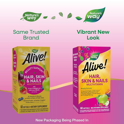 Nature's Way Alive!® Hair, Skin & Nails Multivitamin with Biotin (5,000mcg per serving and Collagen (75mg per serving), Fruit & Veggie Blend (50mg per serving), 60 Softgels