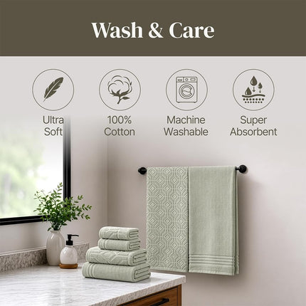 Modern Threads 6 Piece Set, 2 Bath Towels, 2 Hand Towels, 2 Washcloths Yarn Dyed Diamond Gate Jacquard Towel Set Green