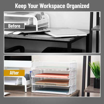 Mind Reader Stackable Paper Tray, Desktop Organizer, File Storage, Office, Metal Mesh, 14" L x 9.75" W x 11.25" H, 4 Pcs., White