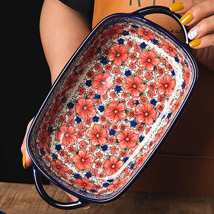 Bicuzat Vintage Style Cherry Blossom Flowers Pottery Bakeware Ceramic Casserole Dish Baking Pan Lasagna Pans Baking Dish with Handles for Oven to Table-1 PCS, 22 oz