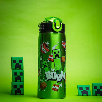 Zak Designs Minecraft Water Bottle for Travel and at Home, 19 oz Vacuum Insulated Stainless Steel with Locking Spout Cover, Built-in Carrying Loop, Leak-Proof Design (Creeper)
