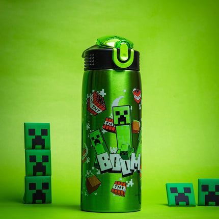 Botella de agua de Minecraft de Zak Designs para viajes y para casa, acero inoxidable con aislamiento al vacío de 530 ml con tapa de boquilla de seguridad, asa de transporte integrada, diseño a prueba de fugas (Creeper)