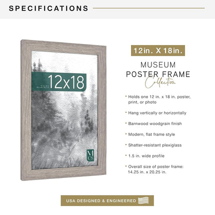MCS Museum Poster Frame 12x18 Barnwood, Vertical & Horizontal Wall Hanging Large Picture Frame for Photos, Posters & Art Prints (1-Pack)