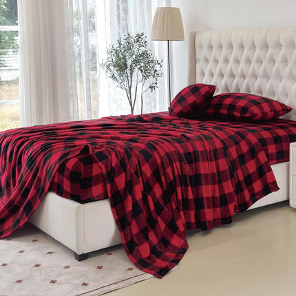 Elegant Comfort Flannel Velvet Sheets Queen Size Buffalo Red 4 Pcs Bed Sheets Set Premium Plush Cozy Warm Anti-Static Pilling Free Deep Pocket