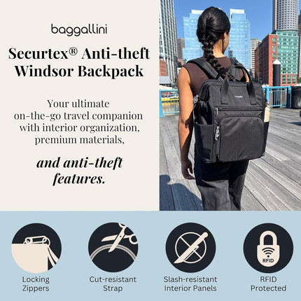 Baggallini Mochila antirrobo Windsor Securtex para mujer para viajes, trabajo y universidad, RFID y cremallera con cierre, portátil de hasta 16", estampado Midnight Blossom, M
