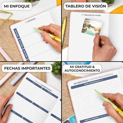Clever Fox Planner 2 Edición en Español - Colorida Agenda de Objetivos Semanales y Mensuales, Organizadora de Tiempo, Sin Fecha A5 (Oro rosa)