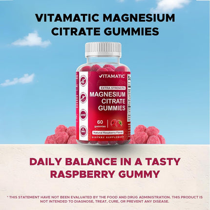 Vitamatic Extra Strength Magnesium Gummies 255 mg (Elemental Mg) per Serving - 60 Vegan Gummies - Promotes Healthy Relaxation, Muscle, Bone, & Energy Support