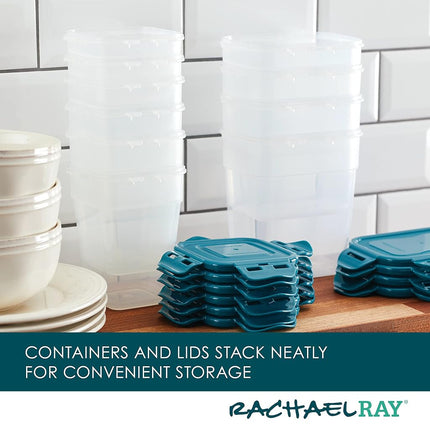 Rachael Ray Leak-Proof Stacking Container Food Storage Bin Set, 20 Piece, Clear with Teal Lids