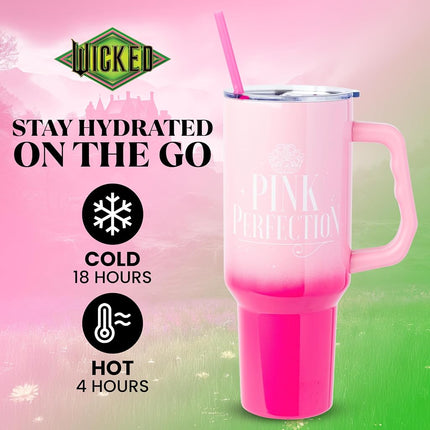 Silver Buffalo Wicked Glinda Pink Perfection Stainless Steel Tumbler with Handle and Straw, Fits in Standard Cup Holder, 40 Ounces