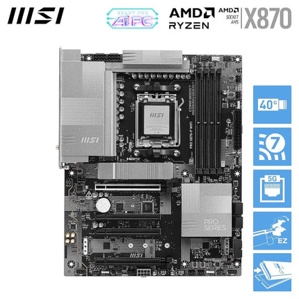 Placa base MSI PRO X870-P WIFI, ATX - Compatible con procesadores AMD Ryzen 9000/8000 / 7000, VRM AM5-60A SPS, DDR5 Memory Boost 8200+MT/s (OC), PCIe 5.0 x16 y 4.0 x16, M.2 Gen5, Wi-Fi 7, LAN de 5G