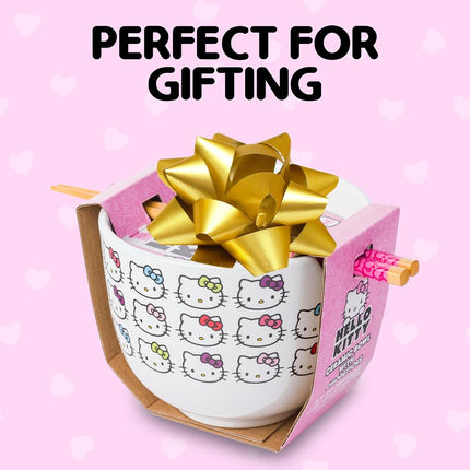 Silver Buffalo Hello Kitty Faces and Bows Ceramic Ramen Bowl with Chopsticks, 20 Ounces