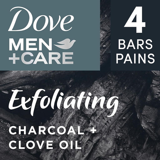 Dove Men + Care Natural Essential Oil Bar Soap to Clean and Hydrate Men's Skin Exfoliating Charcoal + Clove Oil 4-in-1 Bar Soap for Men's Body, Hair, Face and Shave 141 g 4 count