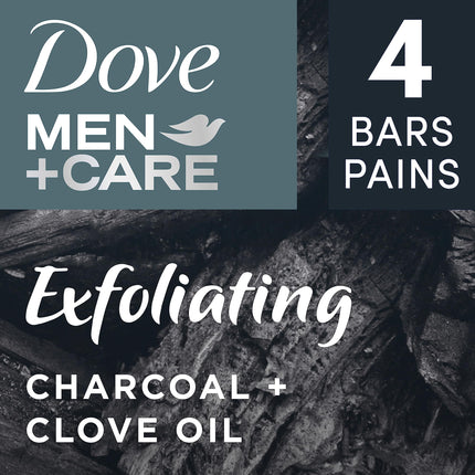 Dove Men + Care Jabón en Barra de Aceites Esenciales Naturales para Limpiar e Hidratar la Piel Masculina Carbón Exfoliante + Aceite de Clavo Jabón en Barra 4 en 1 para Cuerpo, Cabello, Rostro y Afeitado Masculino 141 g 4 unidades