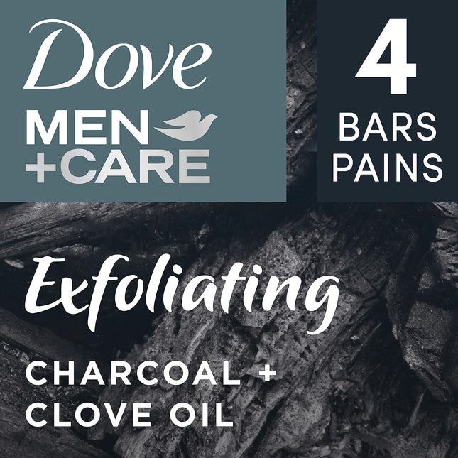 Dove Men + Care Jabón en Barra de Aceites Esenciales Naturales para Limpiar e Hidratar la Piel Masculina Carbón Exfoliante + Aceite de Clavo Jabón en Barra 4 en 1 para Cuerpo, Cabello, Rostro y Afeitado Masculino 141 g 4 unidades