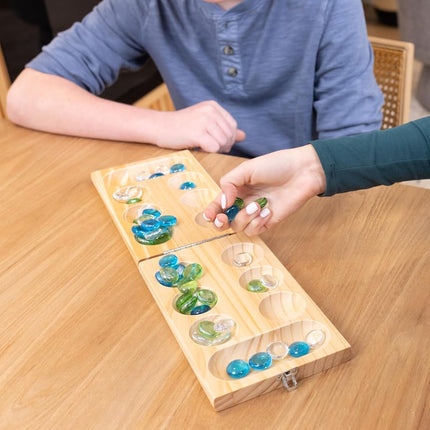 Mancala Elbowroom Games Game, Folding Wooden Board with 48 Glass Stones in Blue, Green and White, Portable Travel Design, Classic Strategy Game for 2 Players