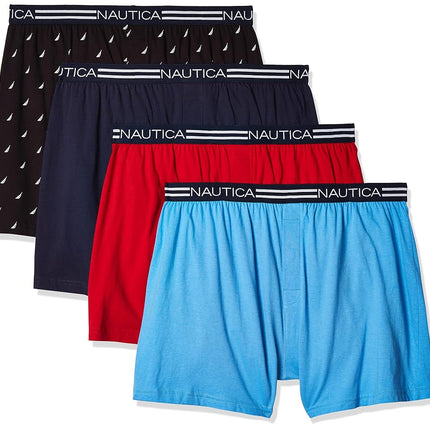 Nautica Men's Classic Cotton Loose Knit Boxer Shorts, Peacoat/Aero Blue Red/Sails Black-4 Pack, Medium