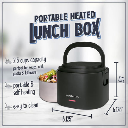 Lonchera eléctrica portátil Nostalgia de 20 onzas con calefacción – Tamaño de viaje, capacidad de 2.5 tazas para sopa, chile y sobras – Tapa sellada de silicona a prueba de fugas, asa de transporte plegable, cable desmontable – Negro