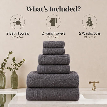 Modern Threads 6 Piece Set, 2 Bath Towels, 2 Hand Towels, 2 Washcloths Yarn Dyed Diamond Gate Jacquard Towel Set Charcoal