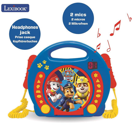 Lexibook Paw Patrol Chase Marshall, Karaoke CD Player with 2 Microphones, Programming Function, Headphones Jack, for Kids, with Power Supply or Batteries, Blue/Red, RCDK100PA