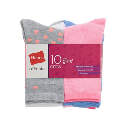 Hanes Girls' Big Ultimate Fashion, Lightweight Stretch Crew Socks, Assorted 10-Pair Pack, Small, Pink/Grey/Blue/Lavender, Large