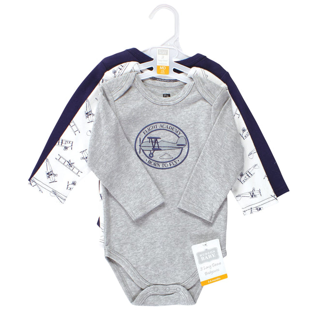 Hudson Baby unisex-baby Cotton Long-sleeve Bodysuits, Gray Aviation, 3-6 Months