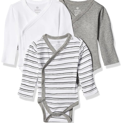 HonestBaby Baby 3-Pack Organic Cotton Long Sleeve Side-snap Kimono Bodysuits Toddler T-Shirt Set, Sketchy Stripe, 0-3 Months