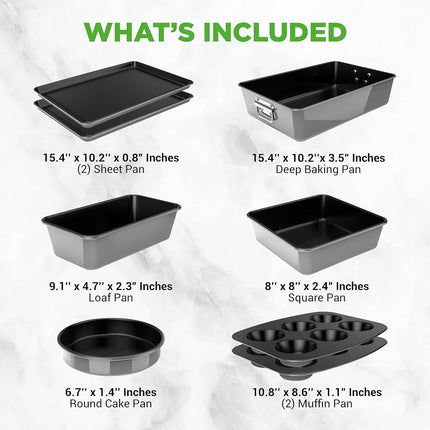 NutriChef 8-Piece Nonstick Stackable Bakeware Set - PFOA, PFOS, PTFE Free Baking Tray Set w/Non-Stick Coating, 450°F Oven Safe, Round Cake, Loaf, Muffin, Wide/Square Pans, Cookie Sheet (Gray)