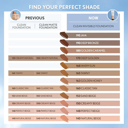 CoverGirl Clean Invisible, Golden Ivory, Foundation, Blendable Formula, Buildable Coverage, Lightweight, Natural Finish, Non-Comedogenic, 30ml