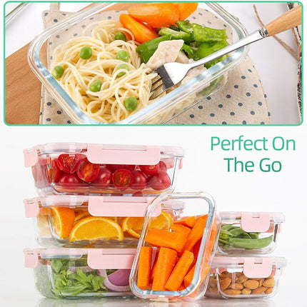 [10-Pack] Glass Meal Prep Containers - Food Storage Containers with Airtight Lids for Kitchen, Home Use - Glass Lunch Containers Pink
